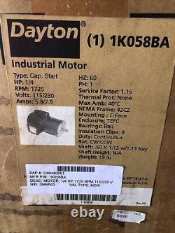 DAYTON 1K058BA Industrial Motor 1/4 Hp, 1 PH. 60 Hz, TEFC, 1725 RPM, NEW