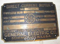 Vintage GE GENERAL ELECTRIC Heavy Brass Industrial Motor Plate/Sign/Plaque J918